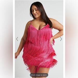 Showpo Siofra Mini Dress Zig Zag Fringe Dress Barbie Pink plus 14 Flapper $185